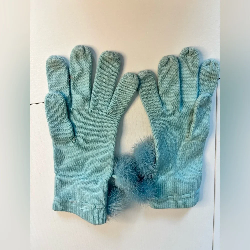 Light Blue Angora Wool Gloves With Fur Poms & Wrist Ties